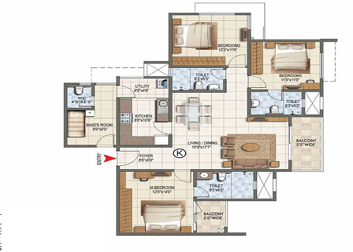 Brigade Sanctuary 3 BHK Floor Plan